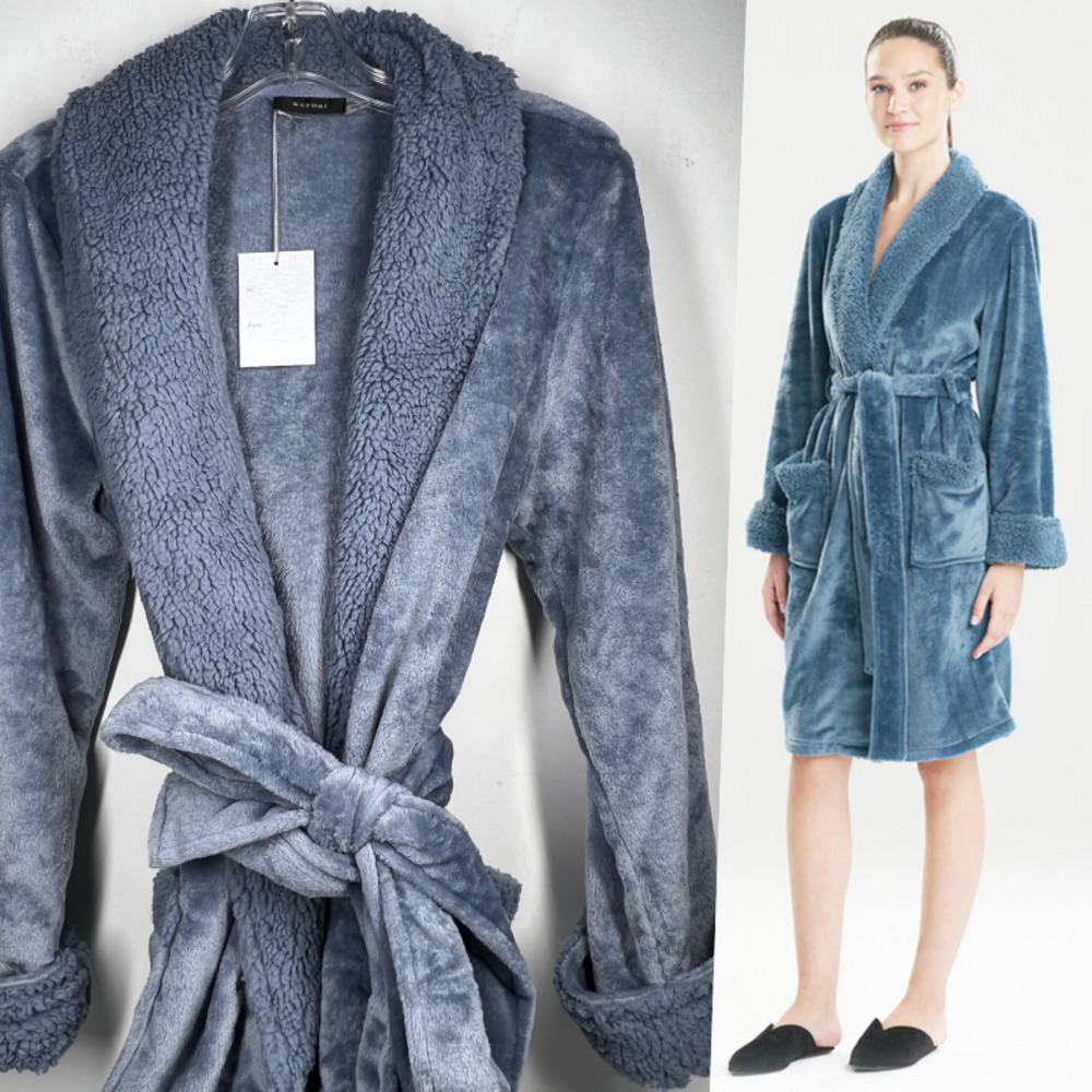 Natori Soft Plush Sherpa Robe Blue Medium NWT